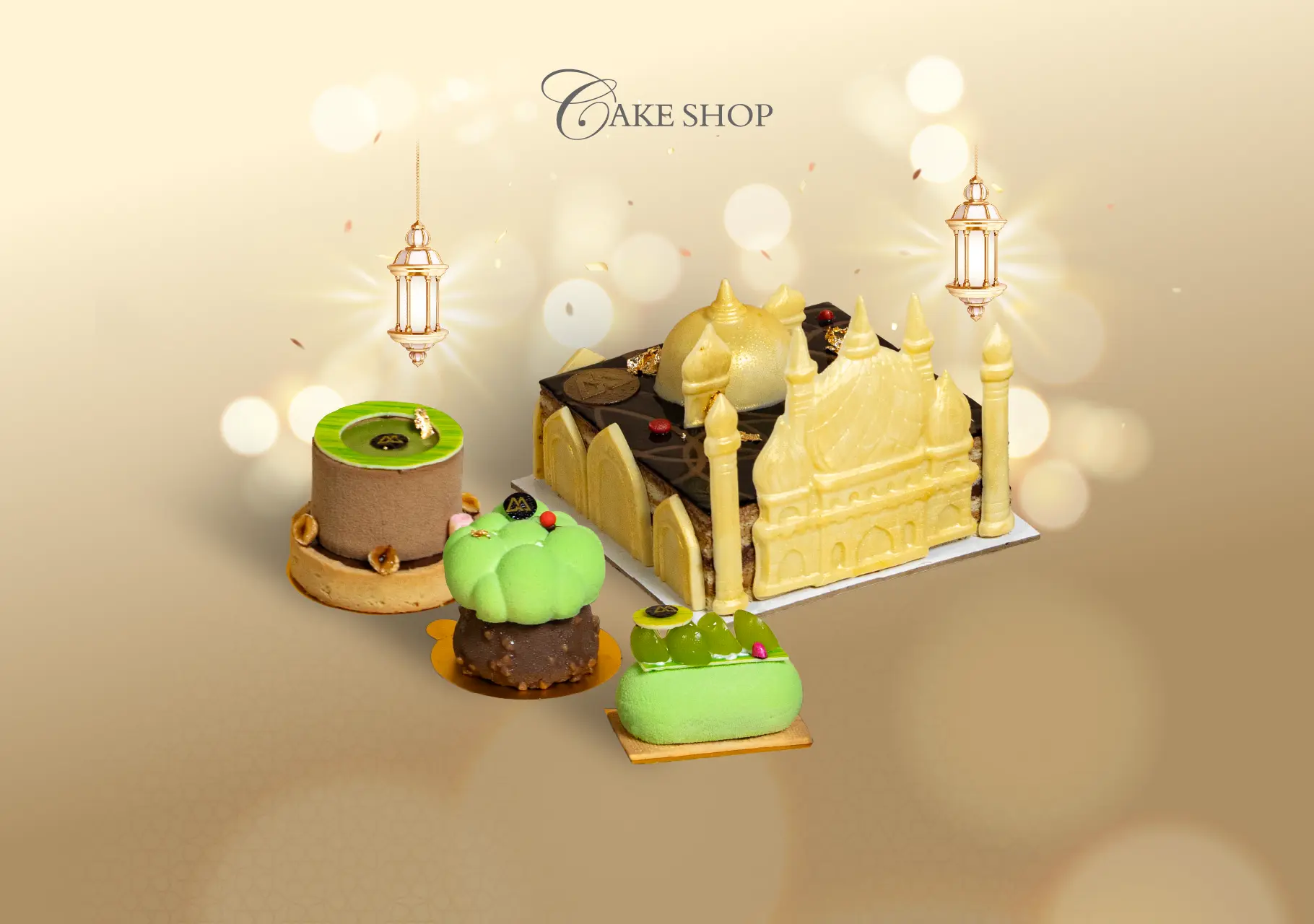 Luxury Ramadan cake collection featuring mosque-inspired cake and elegant green pastries at The Cake Shop, Hotel Mulia Senayan Jakarta.