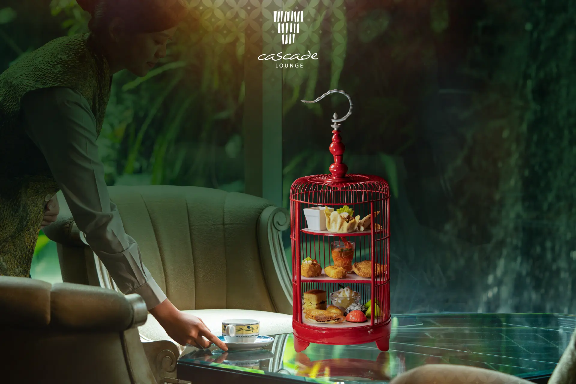 Indonesian Afternoon Tea at Cascade Lounge featuring Nusantara-inspired sweets and savouries served in an elegant setting