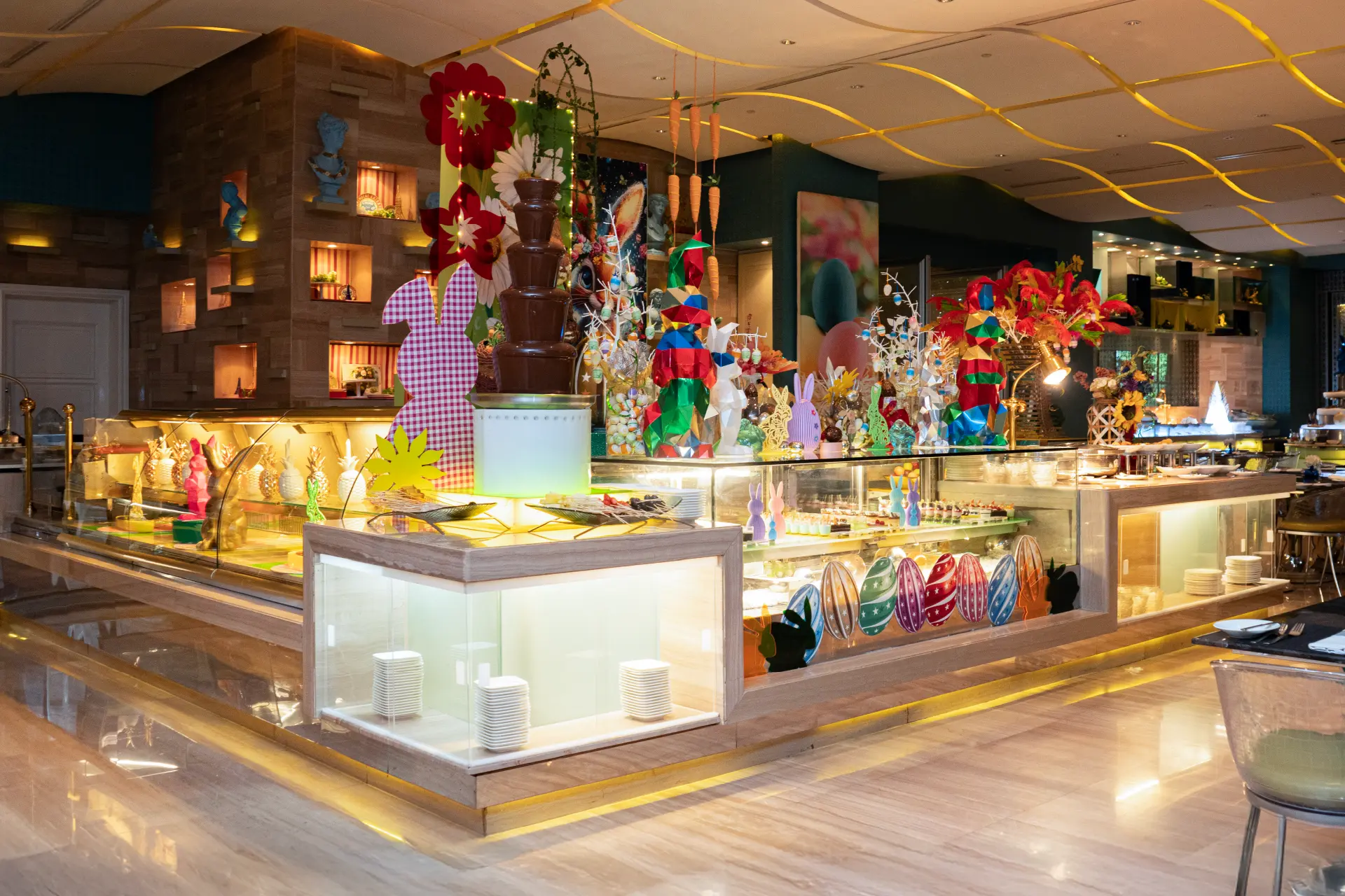 Easter Sunday buffet celebration with festive decorations at Hotel Mulia Senayan restaurants in Jakarta