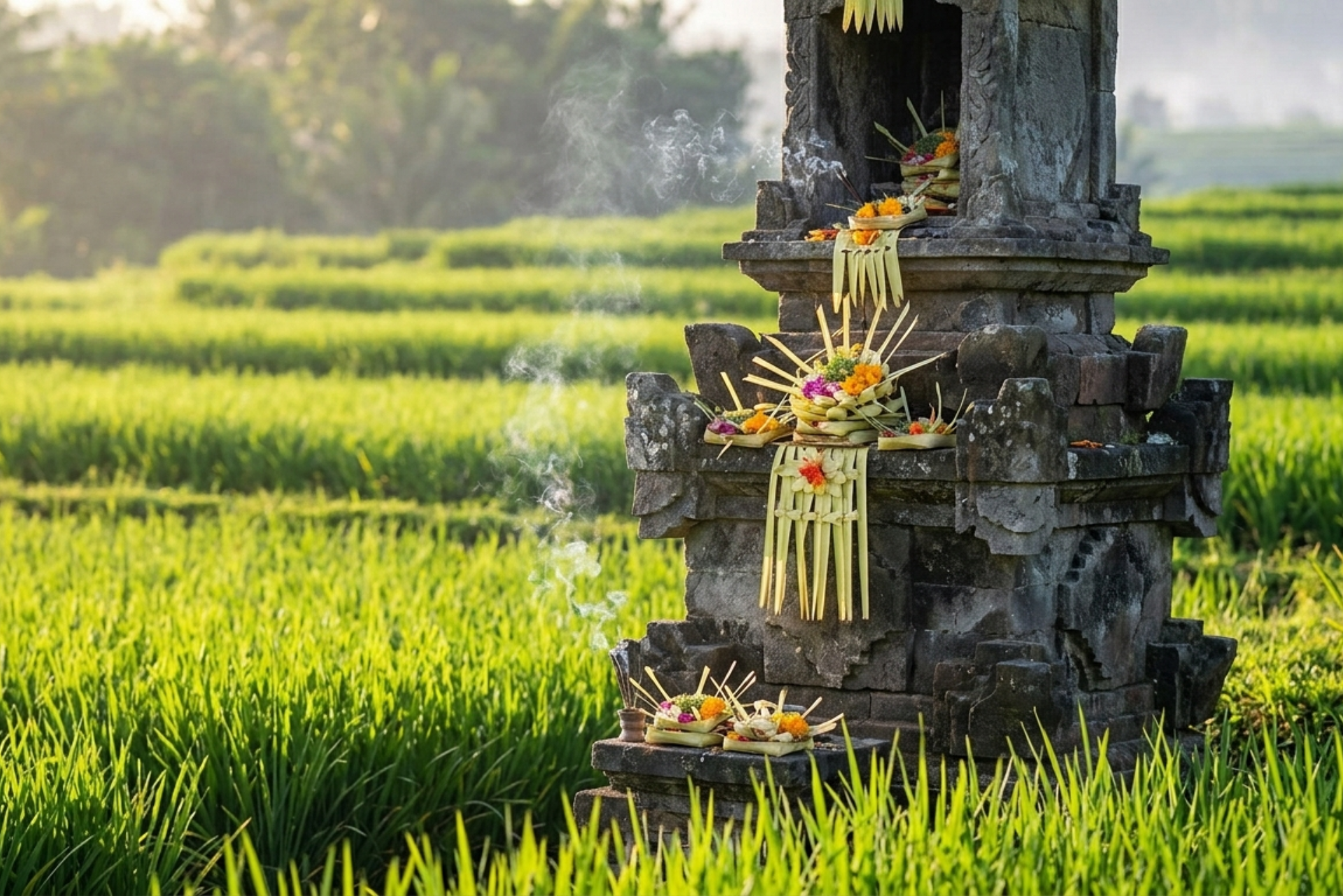 Close-up of a small Balinese water temple shrine with traditional Canang Sari offerings and incense smoke, representing the Tri Hita Karana philosophy in a rice field.