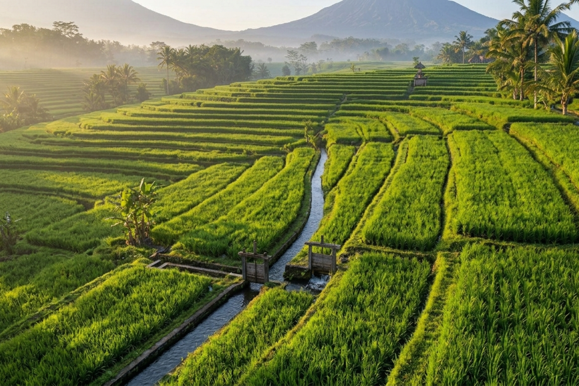 High-angle view of stepped rice terraces in Bali, featuring a traditional wooden water gate and irrigation system distribution in a green paddy field.