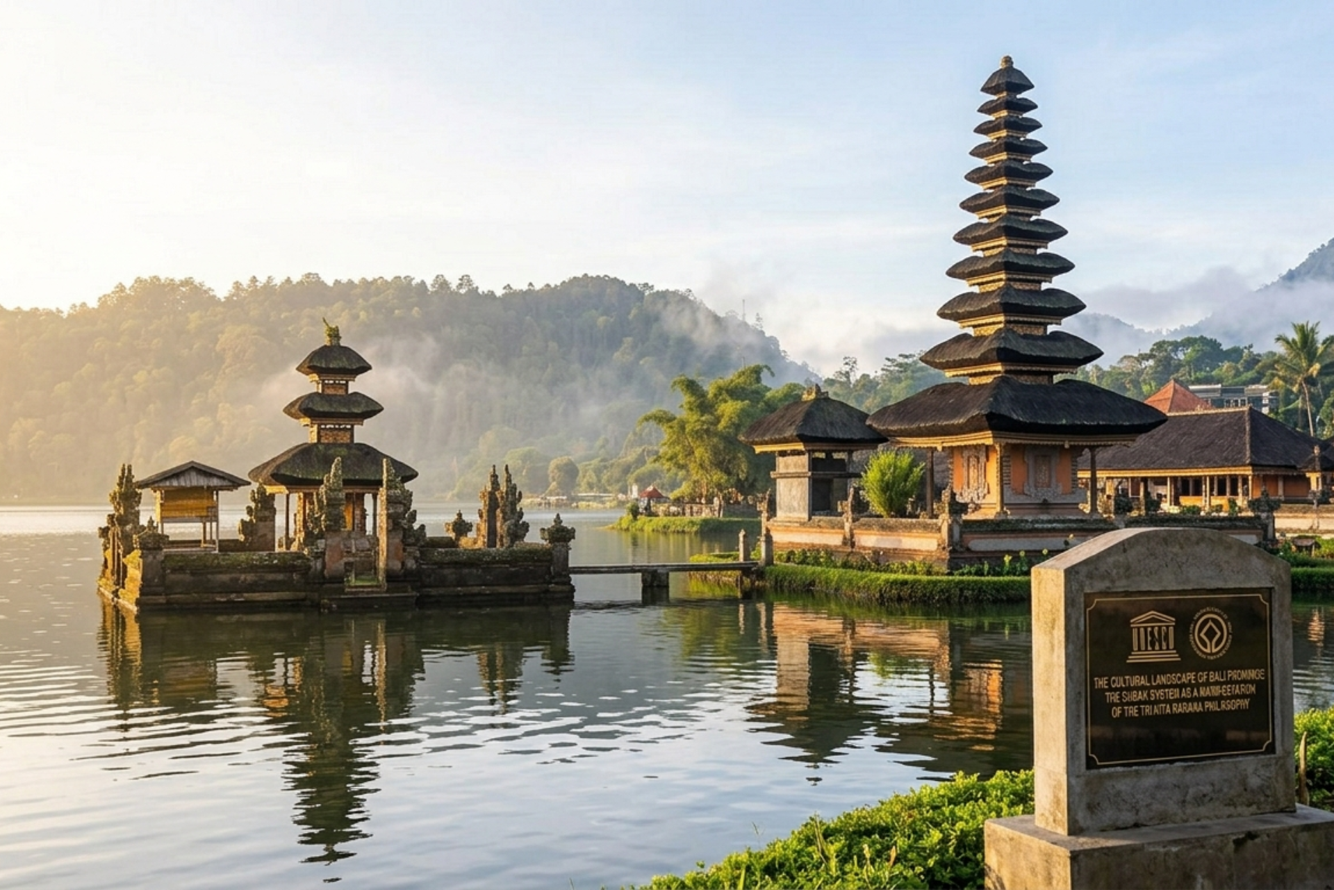 The iconic Ulun Danu Beratan Temple on a misty lake in Bali, with a stone UNESCO World Heritage site plaque recognizing the Cultural Landscape of Subak.
