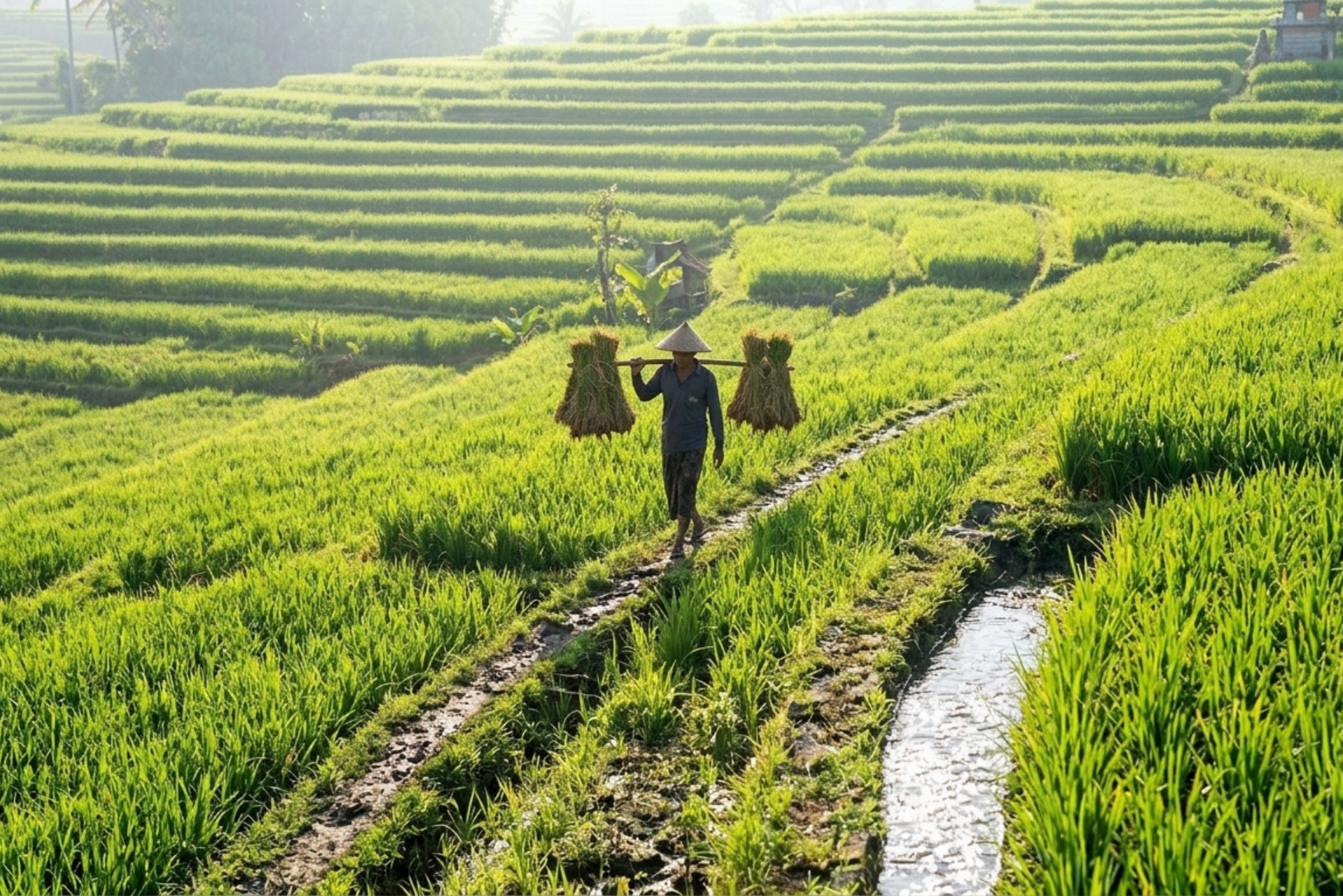 A Balinese farmer carrying a harvest of rice stalks on a shoulder pole along a narrow path between terraced fields and Subak water channels.