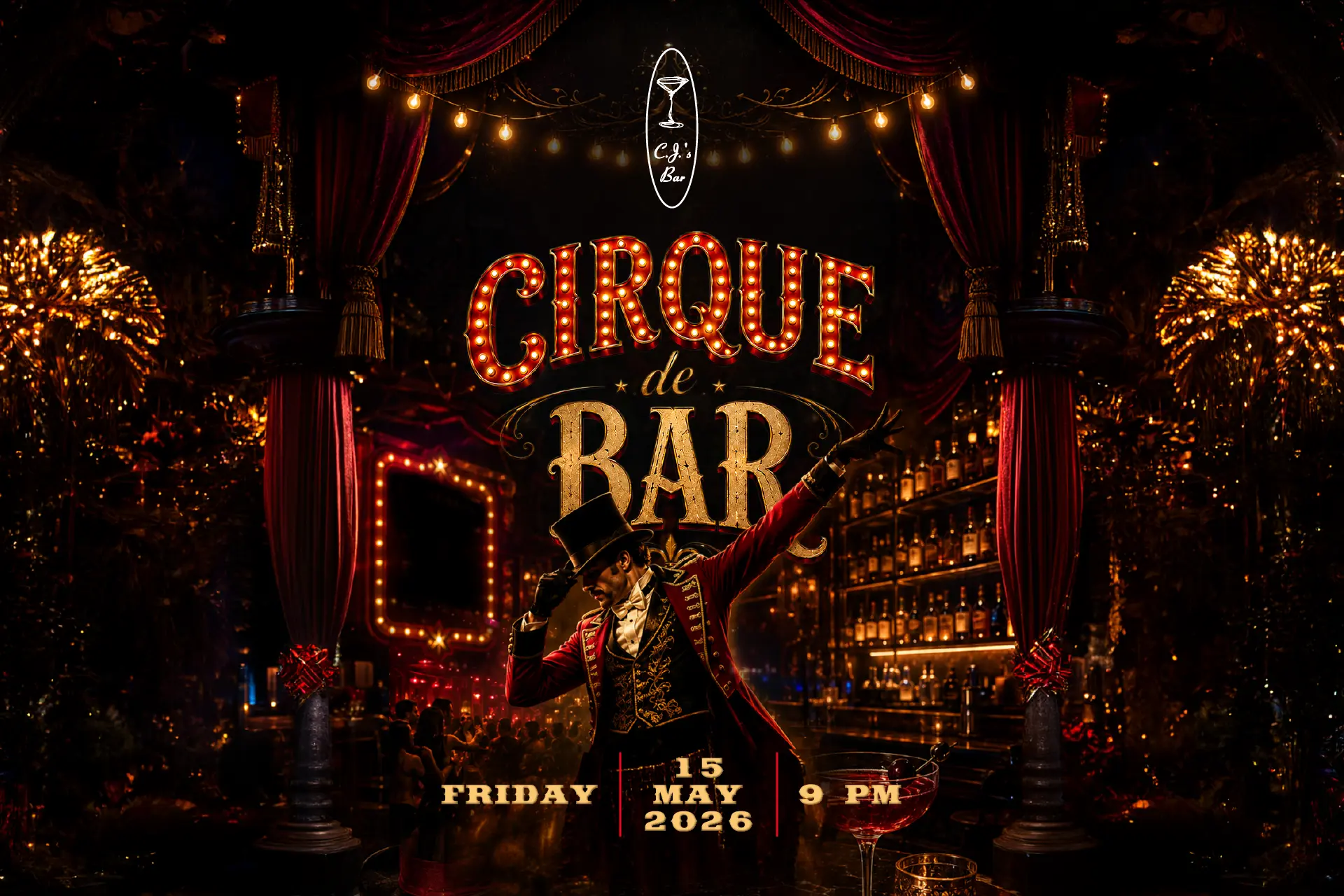 Cirque de Bar nightlife event at CJs Bar Hotel Mulia Senayan Jakarta with theatrical performer and cocktails