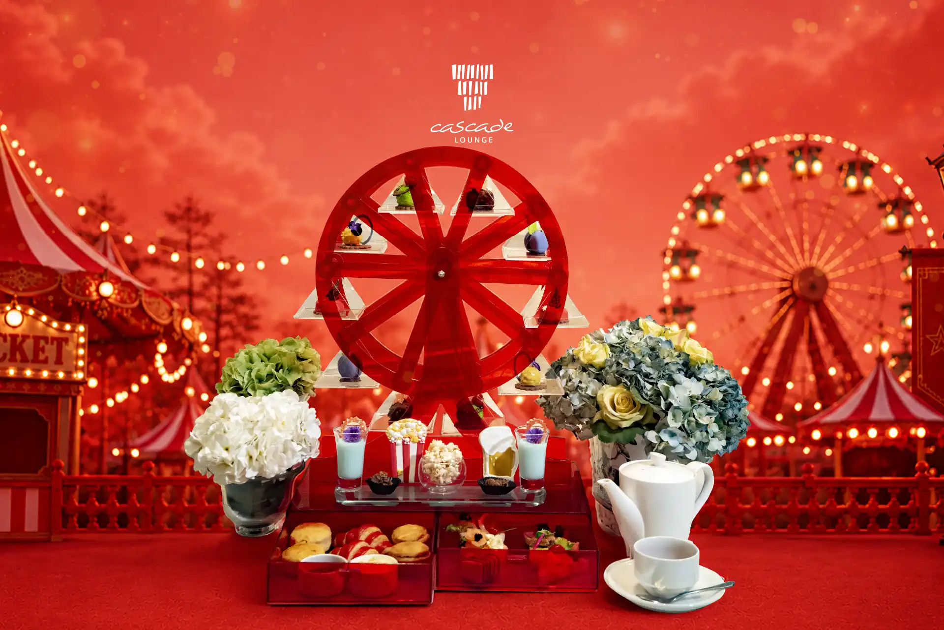 Ferris Wheel Afternoon Tea at Cascade Lounge featuring pastries, savoury treats, and premium tea in an elegant presentation.