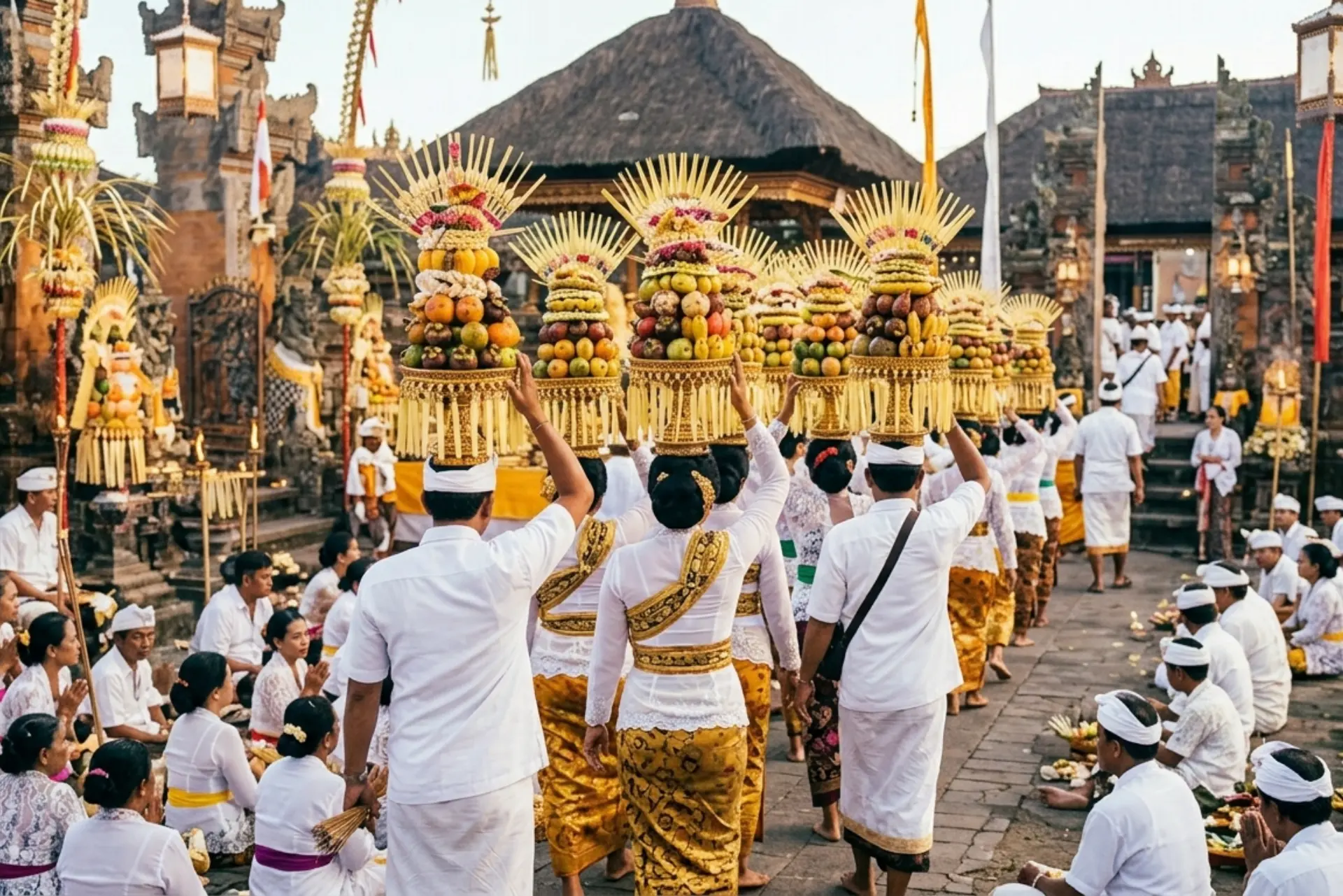 Overview of Balinese Hindu rituals including Tri Sandhya daily prayer, Purnama full moon ceremony, Tilem new moon reflection, and Odalan temple anniversary celebrations in Bali