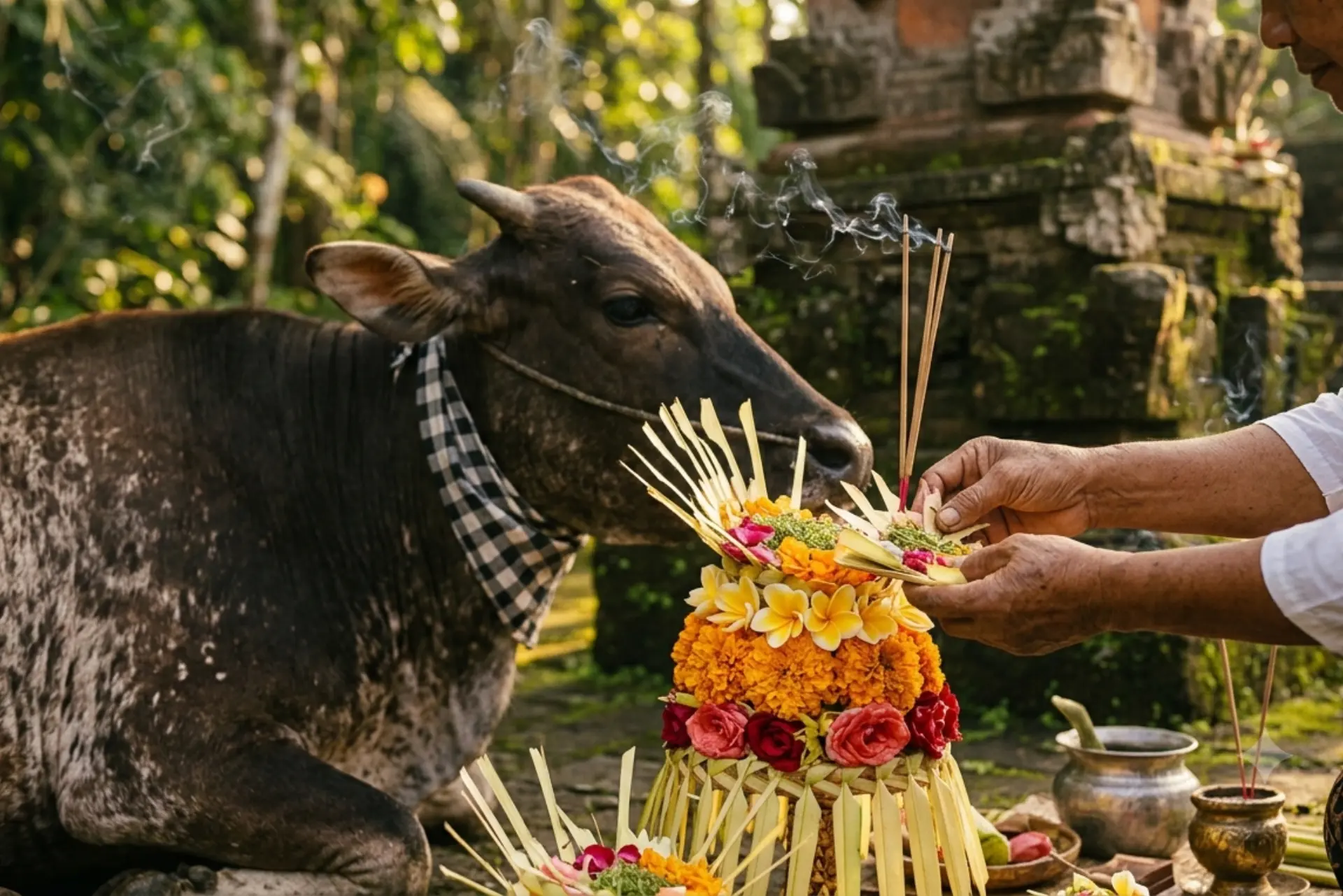 Balinese temple ceremony with traditional offerings during a cultural celebration in Bali
