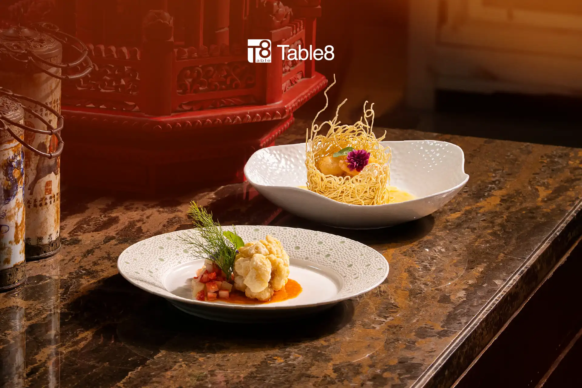 Premium Chinese seafood dishes featuring tiger prawns, fresh scallops, coral grouper, and crispy seafood rolls at Table8, Hotel Mulia Senayan, Jakarta.