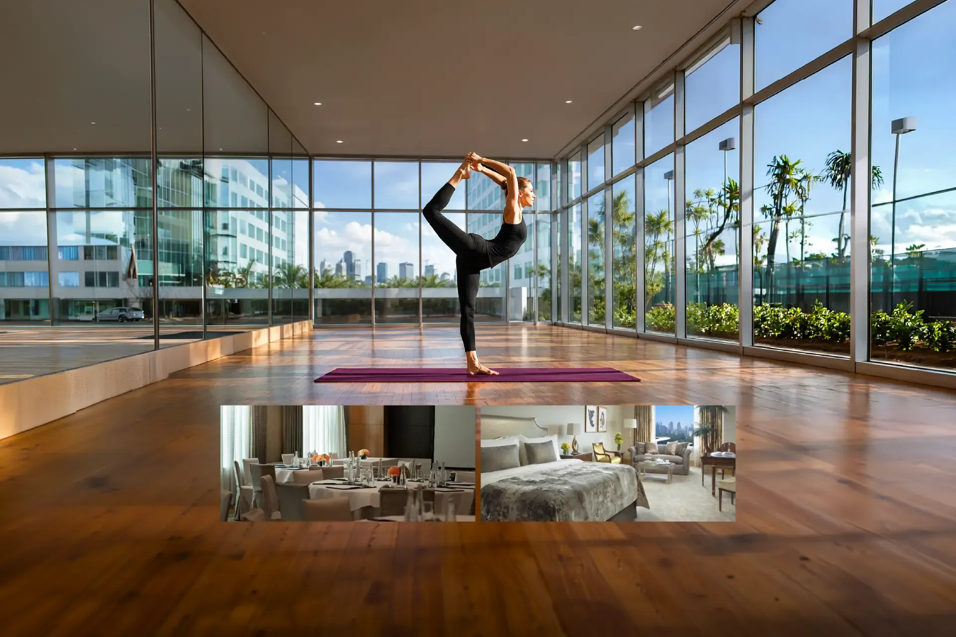 Woman practising yoga at a luxury hotel with skyline views, paired with an elegant meeting dining setup and a plush guest room — five-star wellness and meetings package.