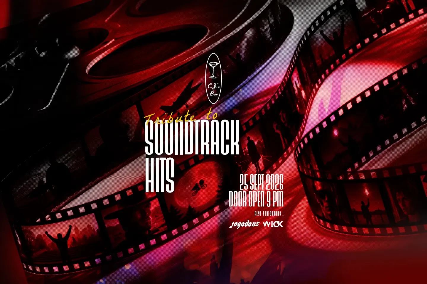 Tribute to Soundtrack Hits live music poster for CJ's Bar, Hotel Mulia Senayan Jakarta, featuring Jogadanz and Wick.