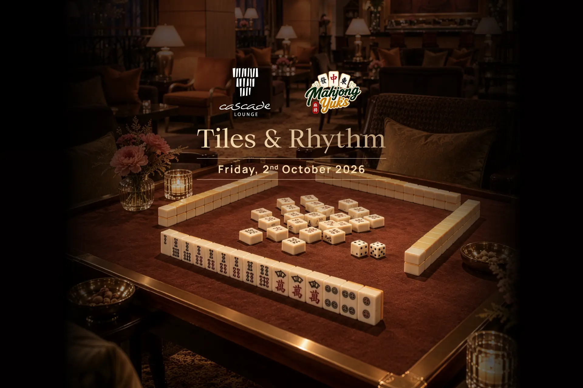 Mahjong table with ivory tiles and dice in the elegant Cascade Lounge, setting for Tiles & Rhythm with live music by Liann Duo. Hotel Mulia Senayan, Jakarta
