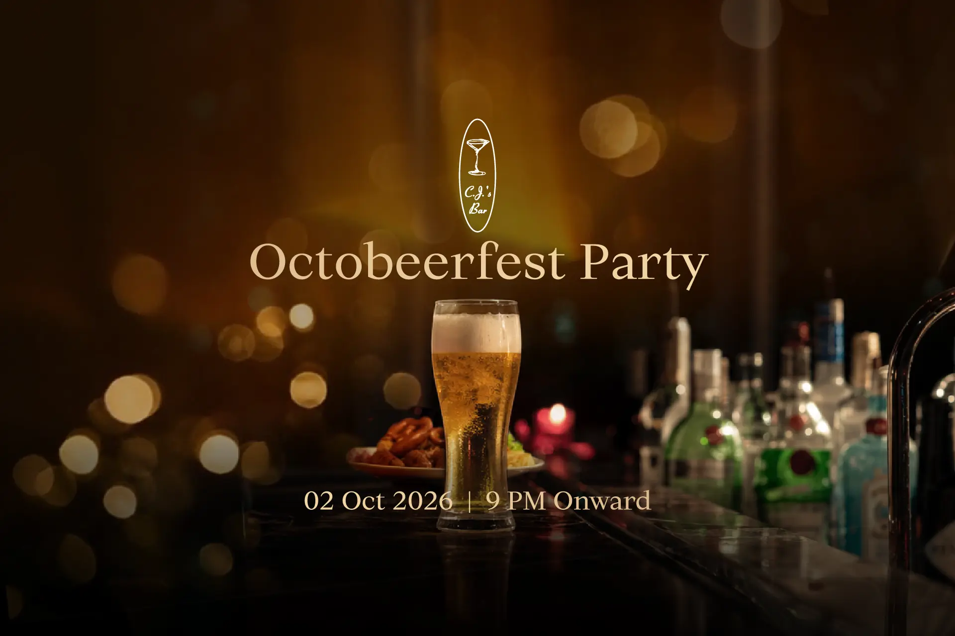 Glass of draught beer beside bratwurst and pretzels at CJ.'s Bar, promoting the Octobeerfest Party at Hotel Mulia Senayan, Jakarta.