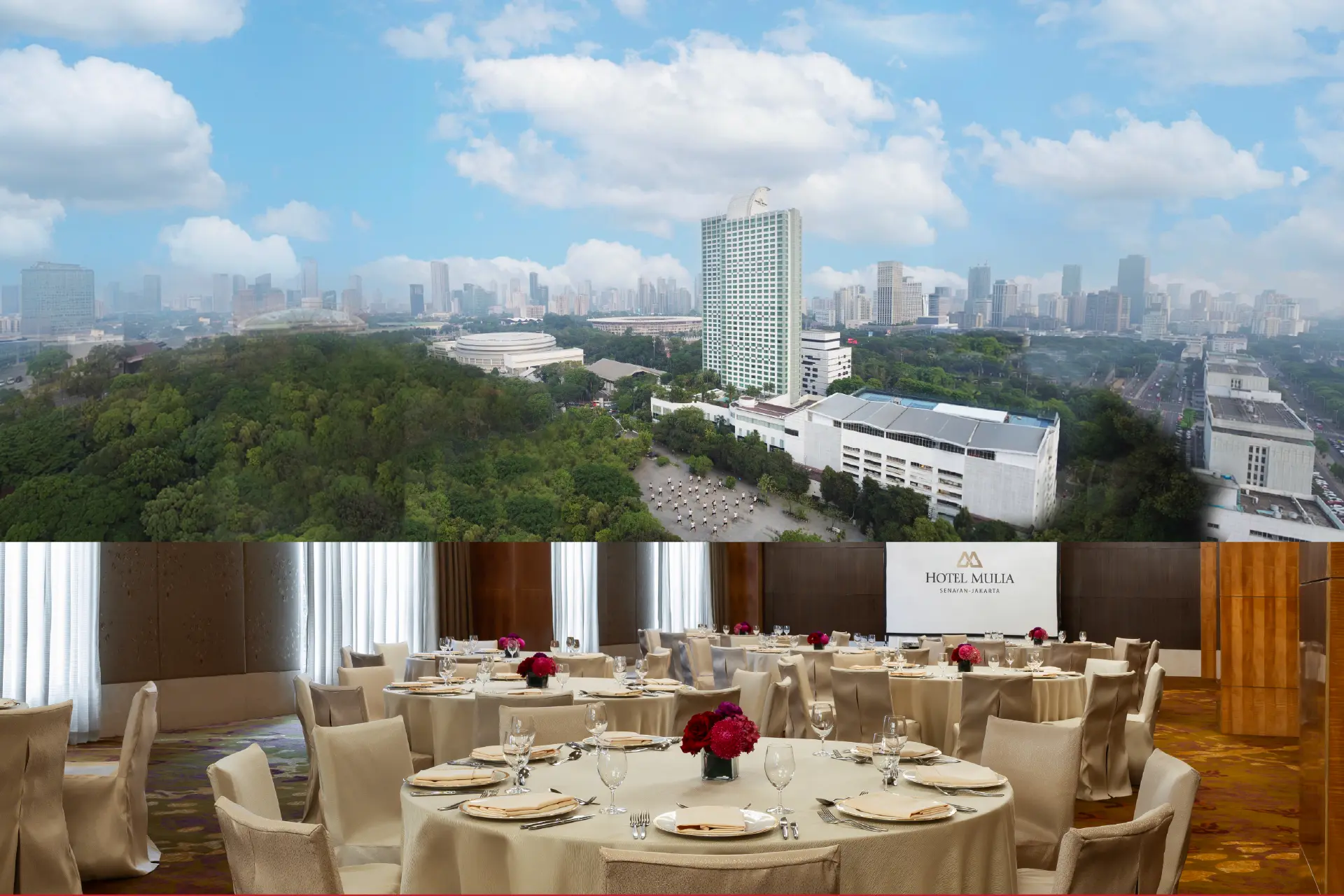 Aerial view of Hotel Mulia Senayan-Jakarta with outdoor team-building activity, paired with a well-appointed function room set for a meeting.