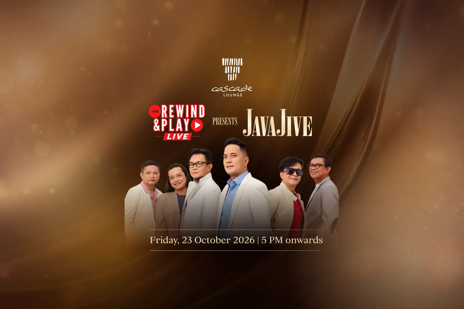 Java Jive band members posing together, promoting Rewind & Play Live at Cascade Lounge, Hotel Mulia Senayan-Jakarta.