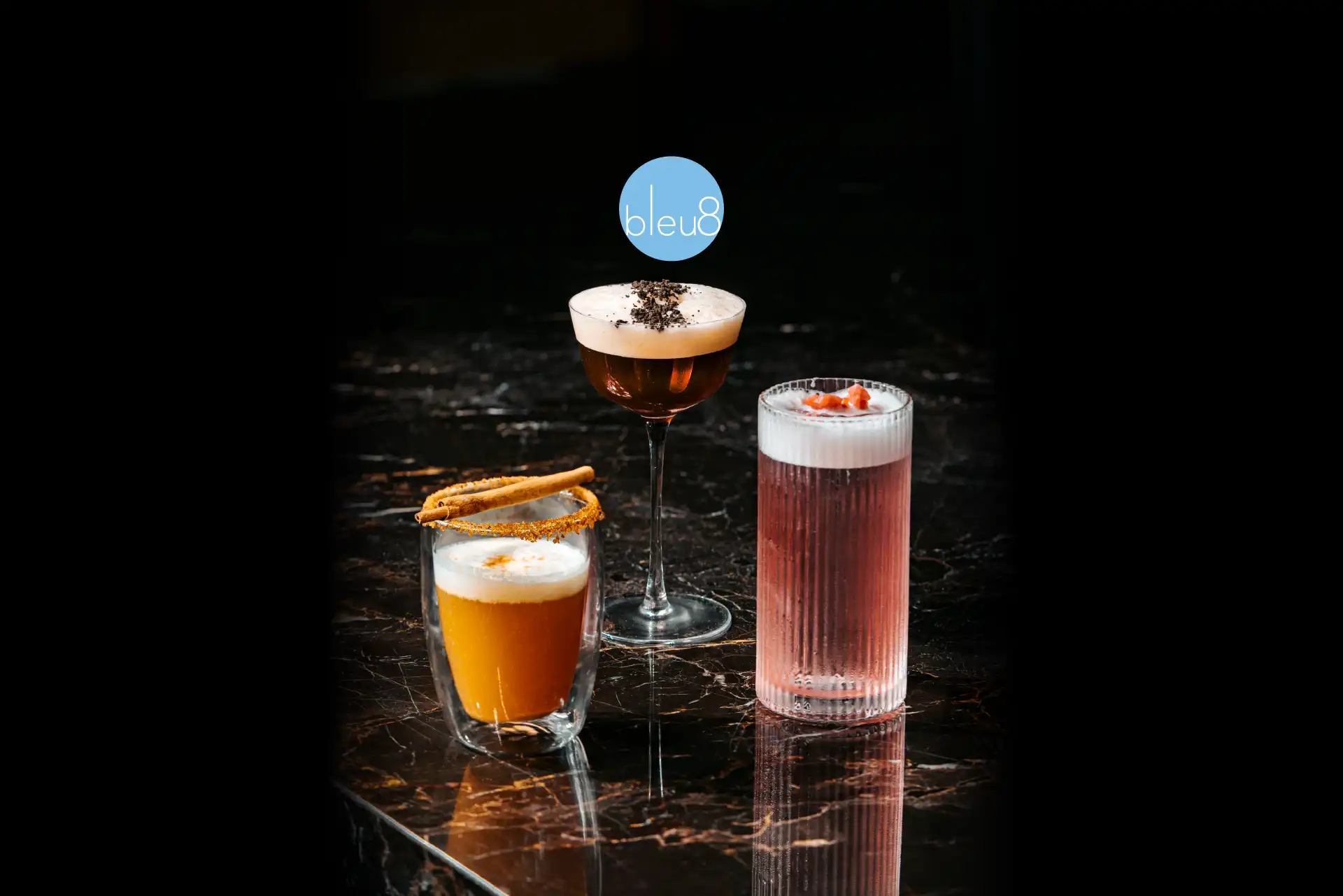 Three Winter Warm cocktails: Apple Pie, The Grinchs and Poinsettia. Served at bleu8, Hotel Mulia Senayan.
