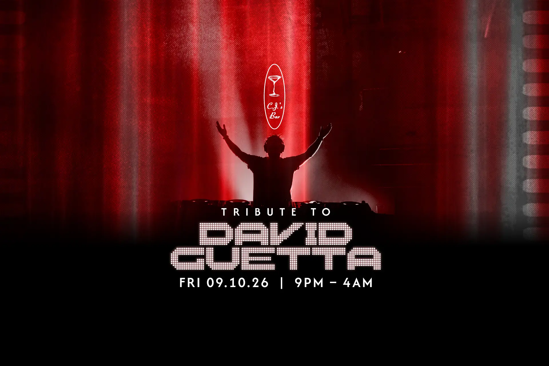 Silhouette of a DJ performing under red lights, promoting Tribute to David Guetta at CJ's Bar, Hotel Mulia Senayan-Jakarta.