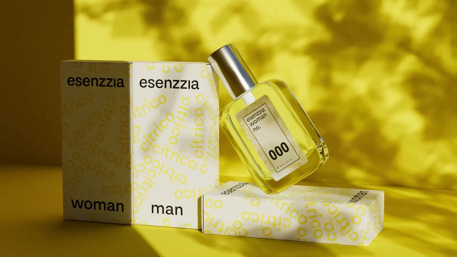 Bodegón en 3D con el perfume de Esenzzia amarillo