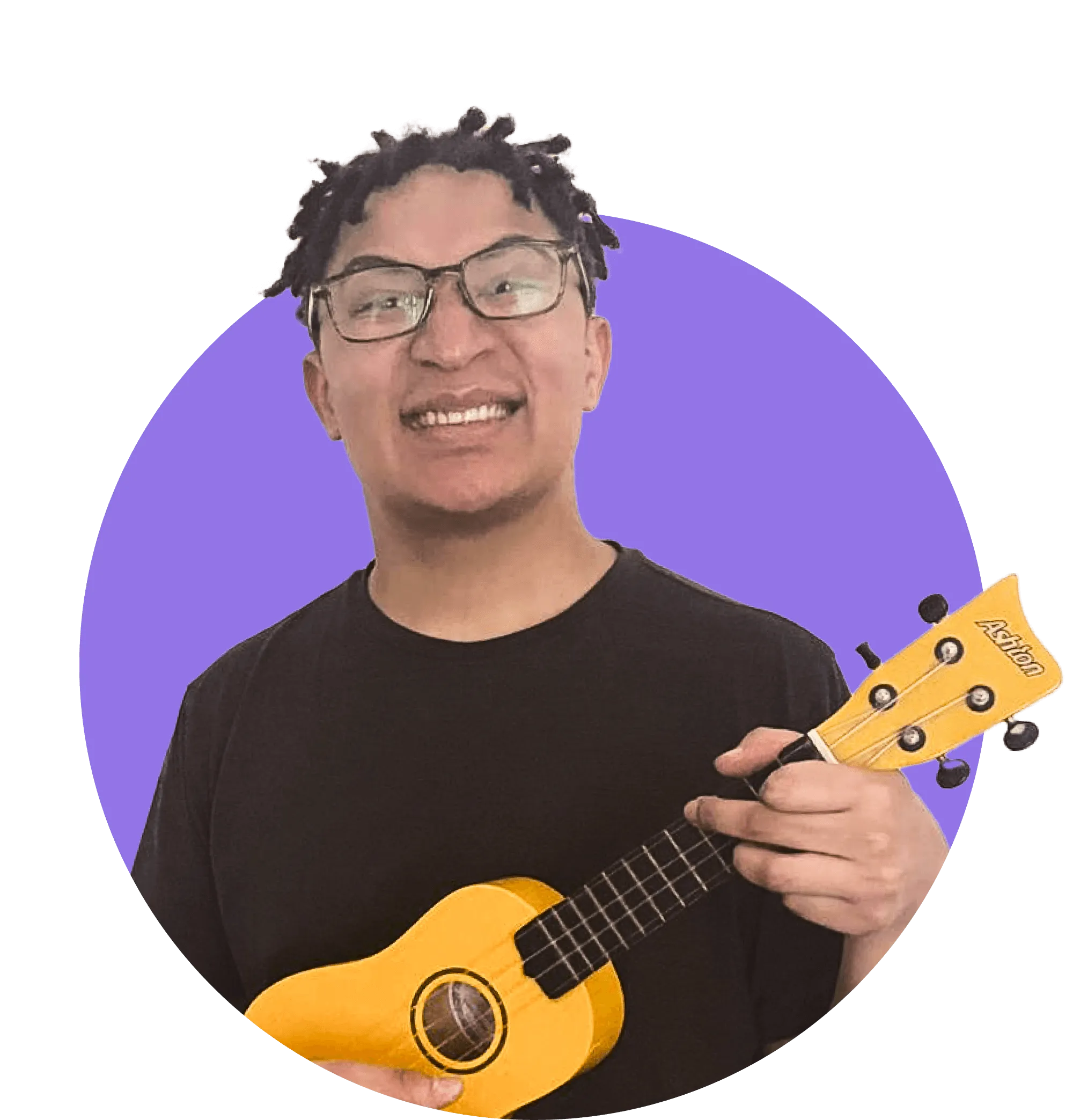 Man holding a tiny guitar with a rockstar pose