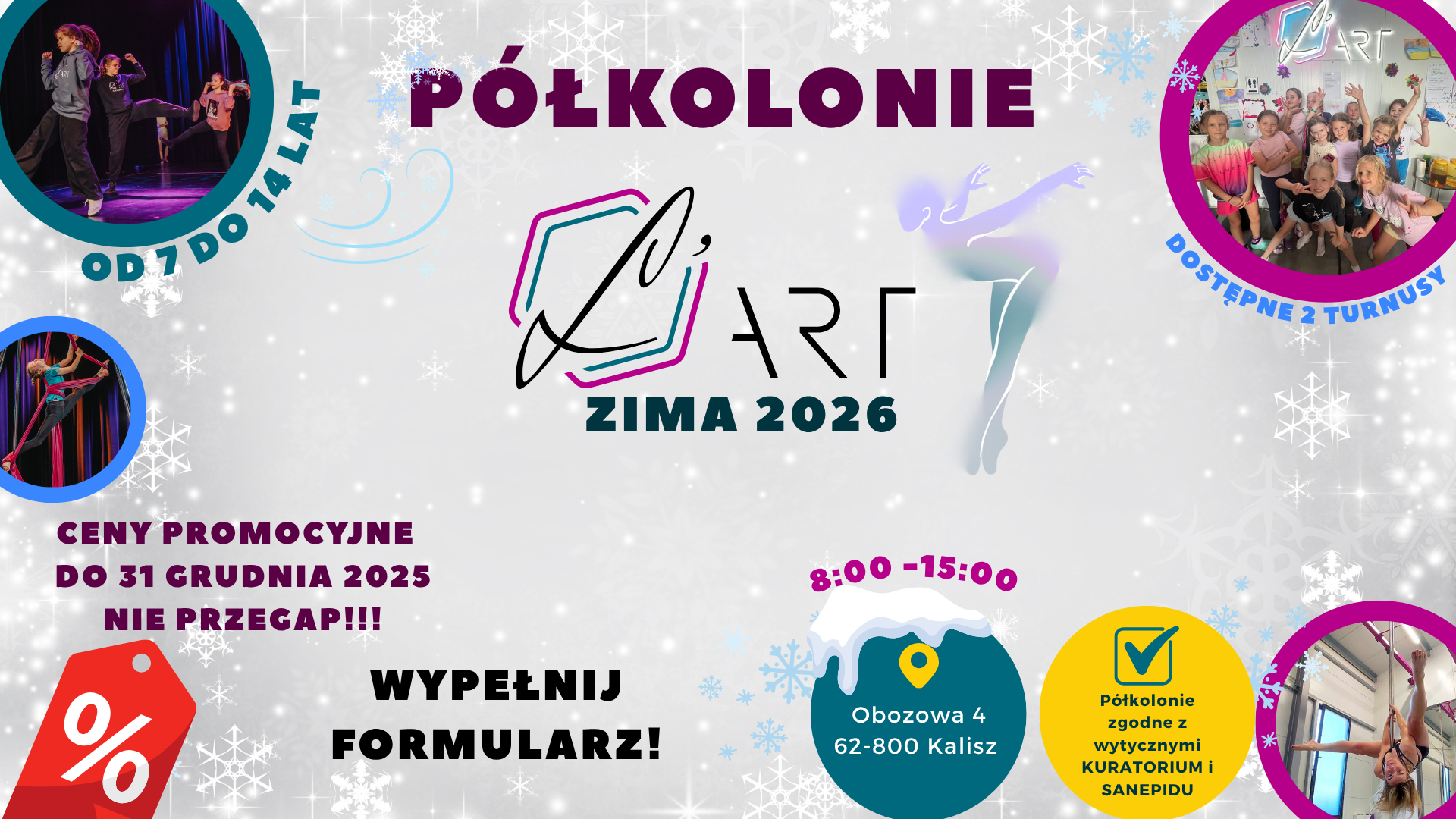 ruchowe artystyczne sportowe aktywne półkolonie zimowe w ferie dla dzieci w Kaliszu Sieradzu Wróblewie Błaszkach Kalisz Sieradz Wróblew Błaszki L'art lart