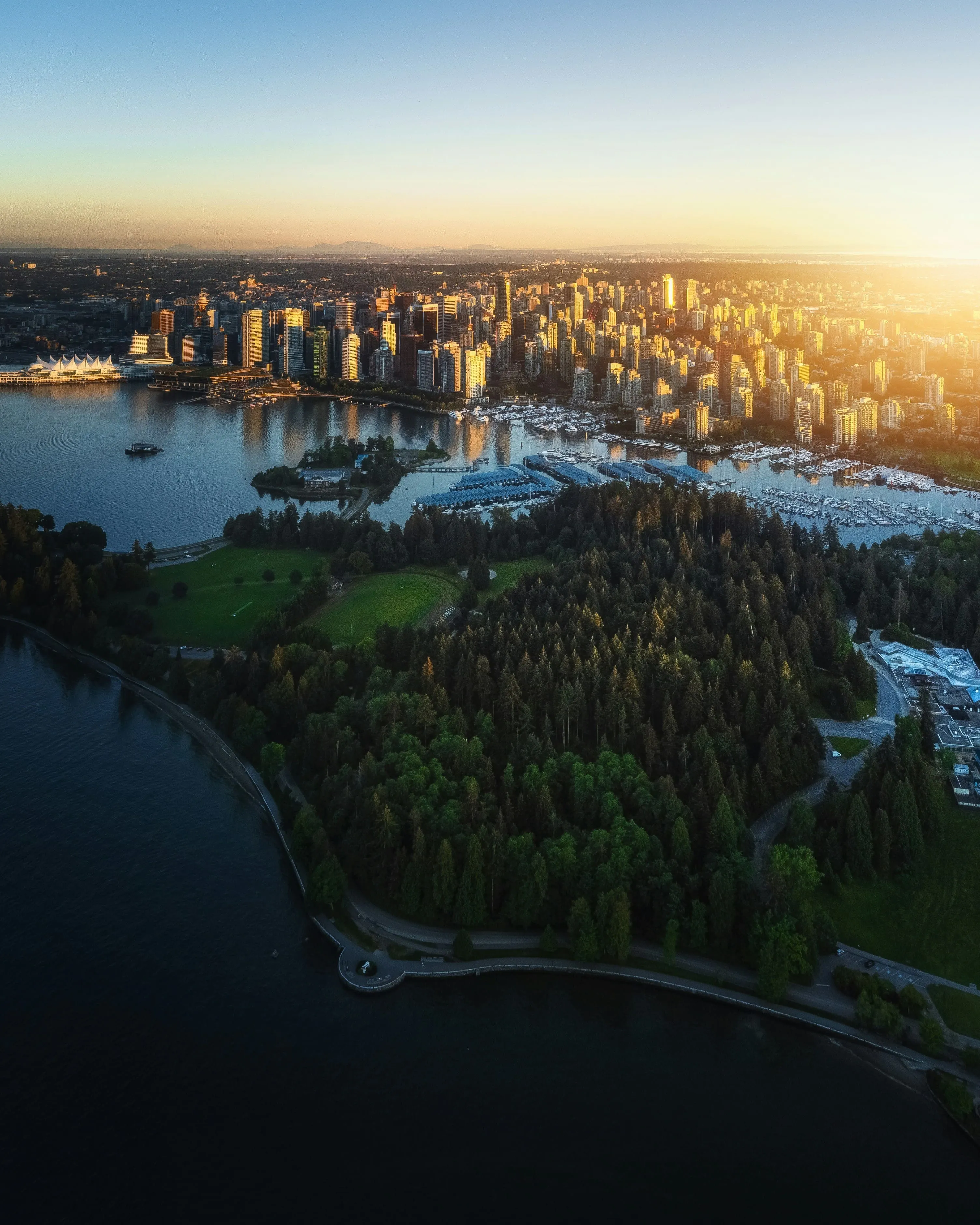 Drone view of a Canadian city skyline and urban landscape