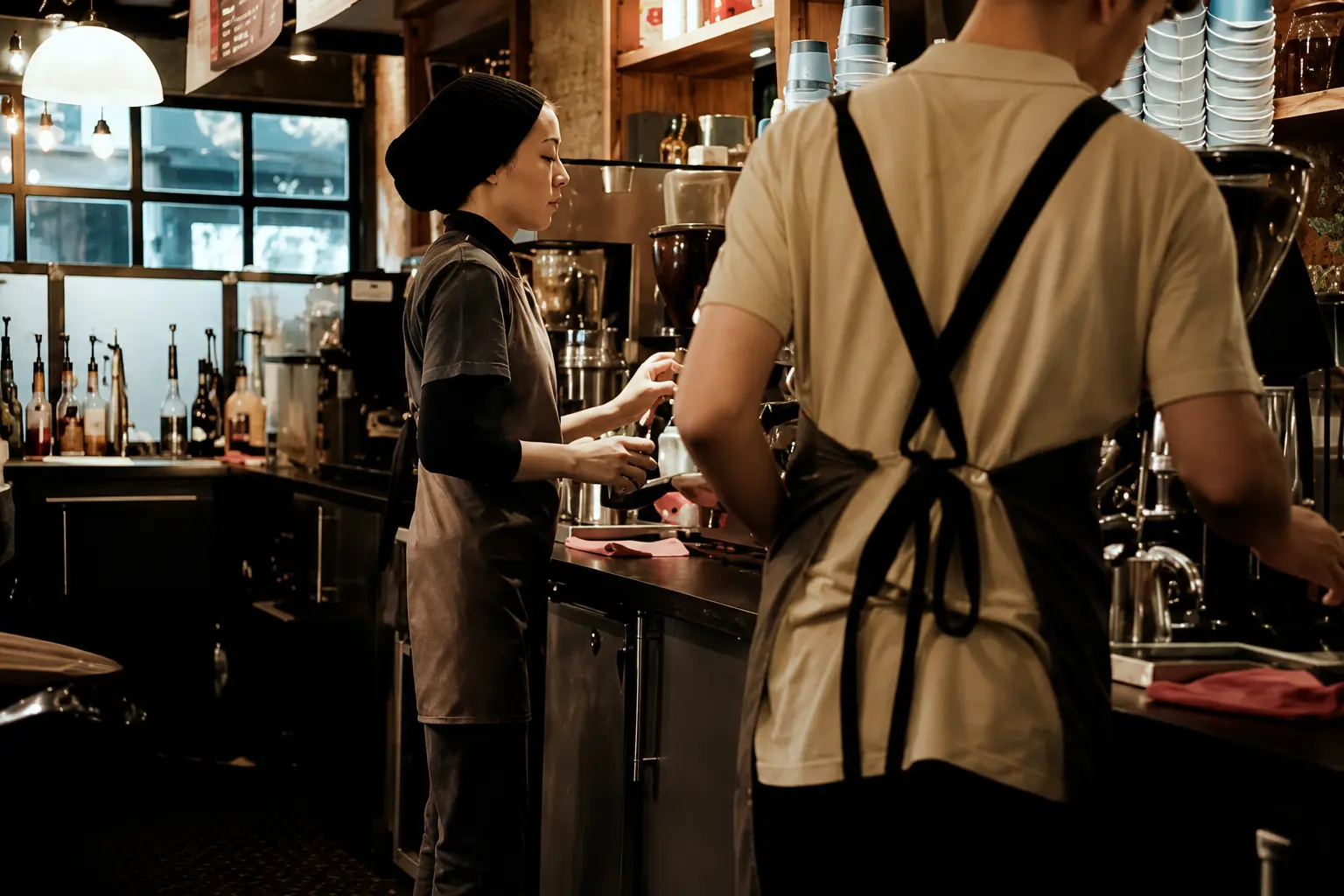 Food service employees preparing meals in a commercial kitchen environment