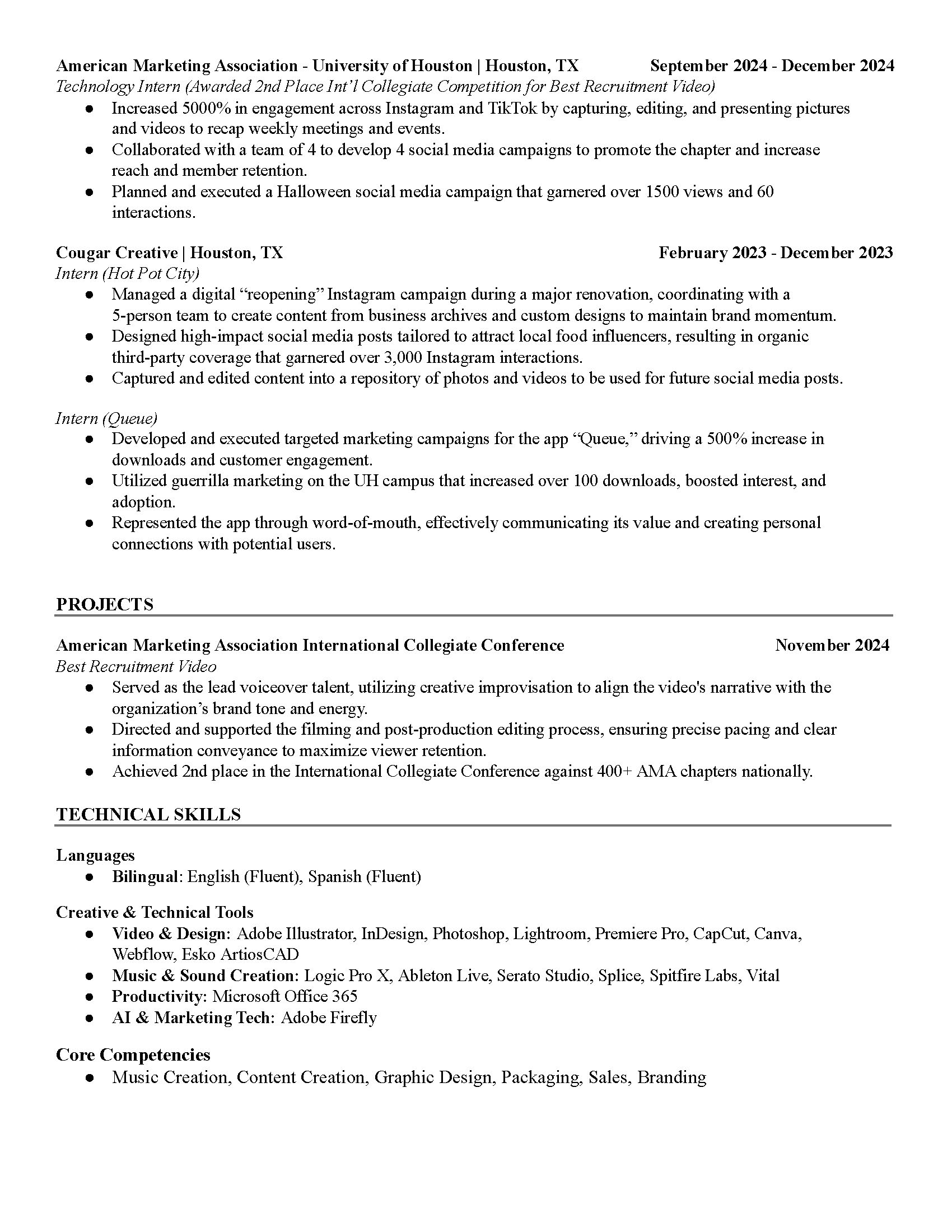 Resume excerpt listing roles as Creative Director at SCRWD.WRLD Collective since 2022, projects including American Marketing Association conference video for November 2024, and technical skills such as bilingual English and Spanish, Adobe design tools, music production software, Microsoft Office 365, and Adobe Firefly.