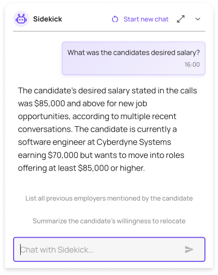 Sidekick in the softphone, fetching the expected salary from previous conversations