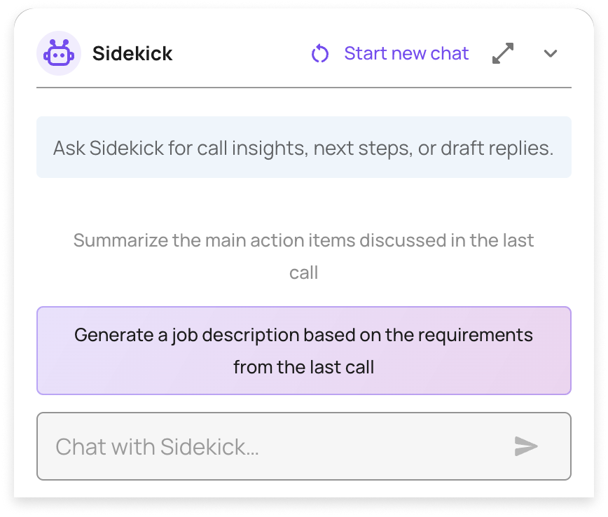 Sidekick in the softphone being asked to generate a job description