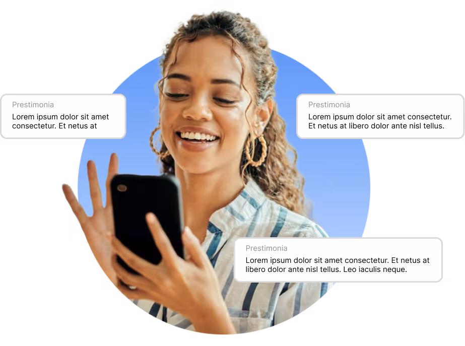 Smiling woman with curly hair and hoop earrings looking at her phone, surrounded by floating text boxes with placeholder text.