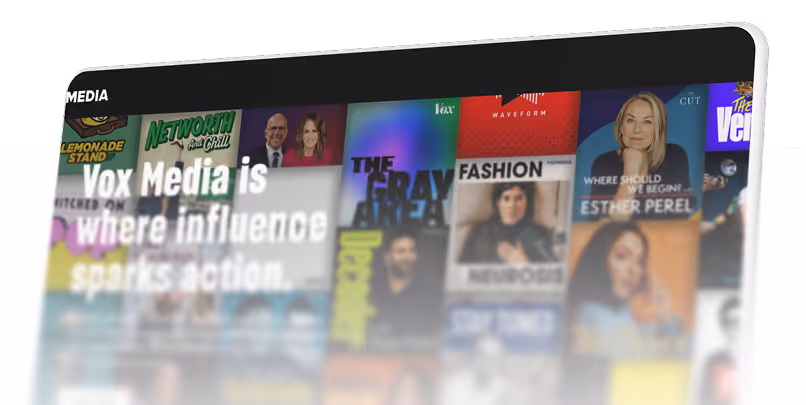 Blurred Vox Media homepage showing a collage of various Vox Media show covers and text saying 'Vox Media is where influence sparks action.'