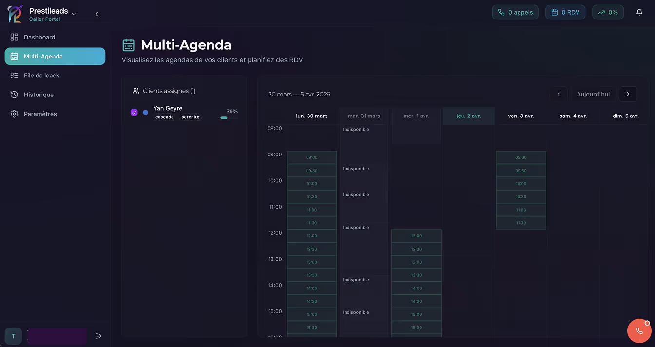 Dashboard interface of Prestileads Caller Portal showing Multi-Agenda with a weekly calendar view and scheduled client appointments from March 30 to April 5, 2026.