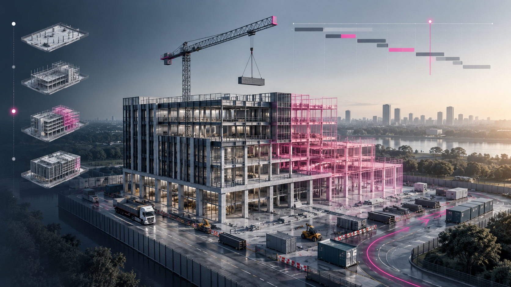 Concept illustration of 4D construction sequencing, showing phased building models, a project timeline and site logistics.