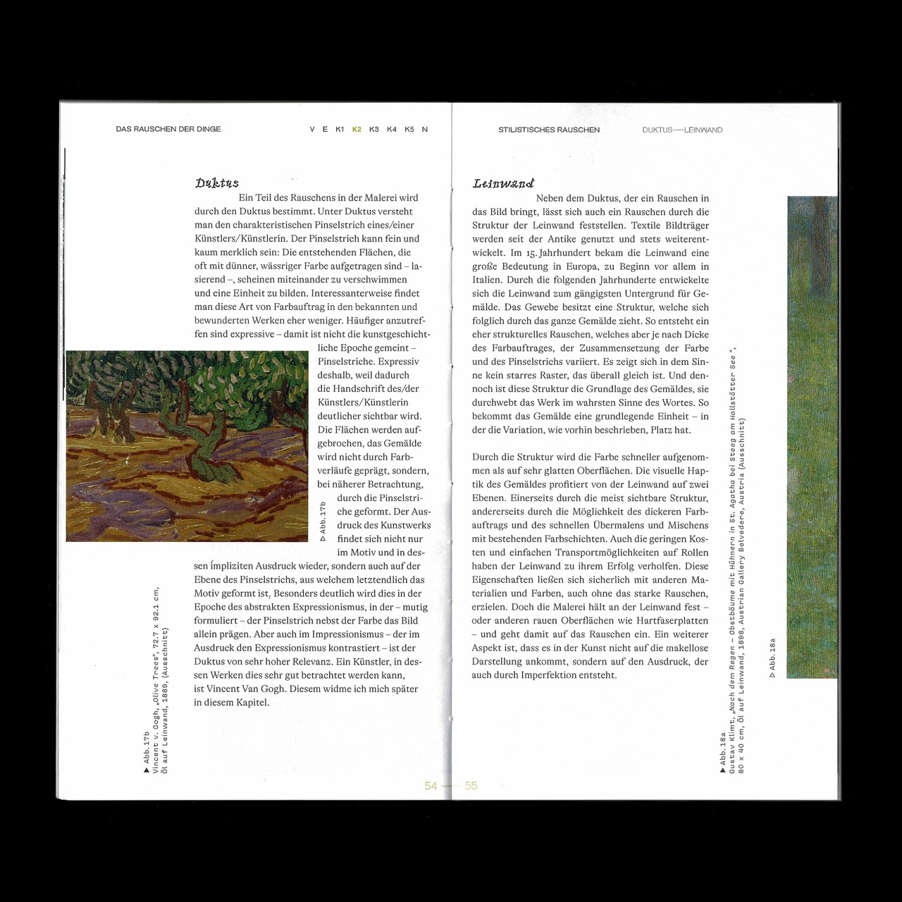 Aufgeklappte Buchseite mit Texten über Duktus und Leinwand in der Kunst, inklusive Abbildungen von Gemälden.