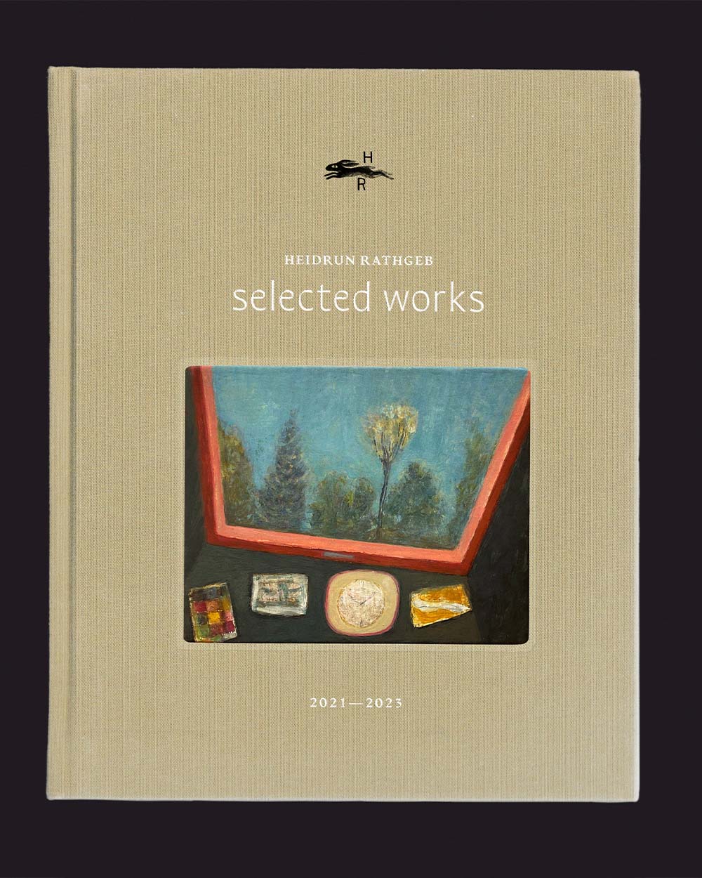 Buchcover von Heidrun Rathgeb mit dem Titel  selected works  und einem gemalten Landschaftsbild mit Bäumen, darunter Jahreszahlen 2021–2023.