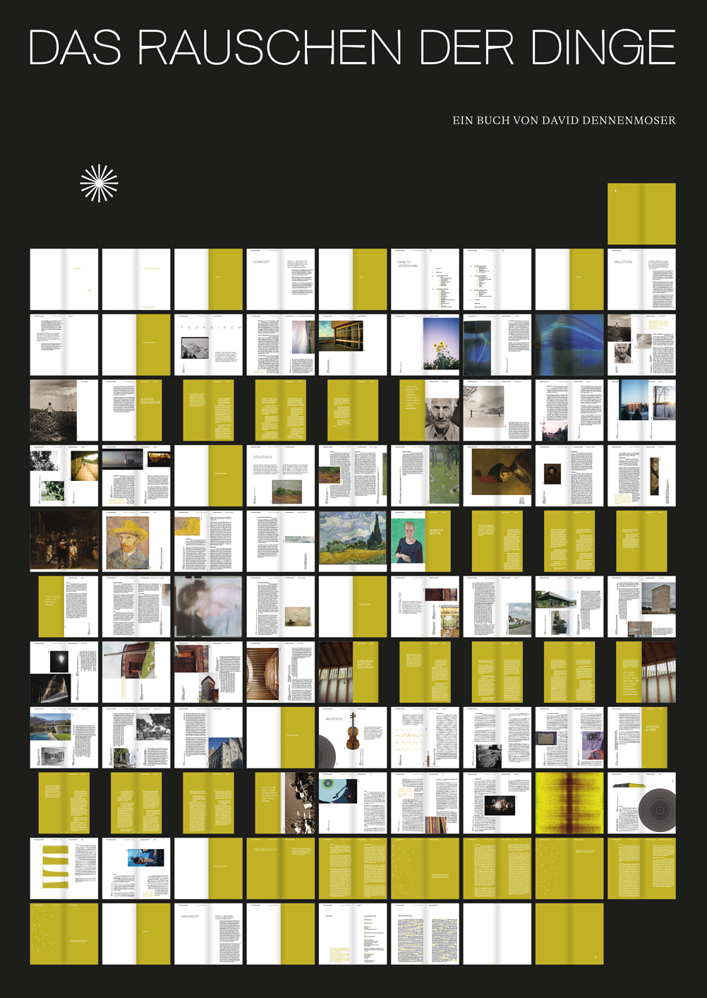 Buchcover und Inhaltsübersicht des Buches ‚Das Rauschen der Dinge‘ von David Dennenmoser mit vielen Seitenvorschauen und Bildern.