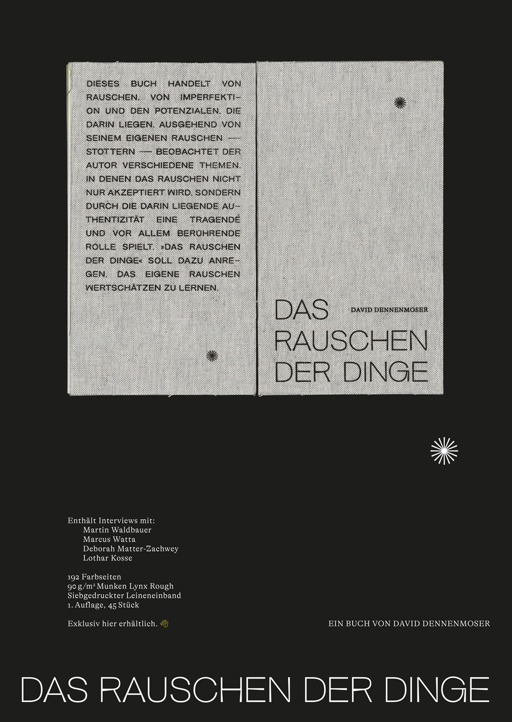 Buchcover und Rückseite von 'Das Rauschen der Dinge' von David Dennenmoser mit Beschreibung und Interviewhinweisen auf schwarzem Hintergrund.