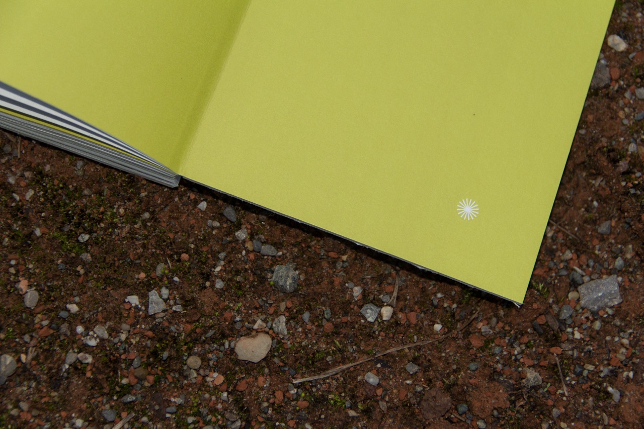 Ein aufgeschlagenes Buch mit leuchtend gelben Seiten liegt auf einem mit kleinen Steinen und Erde bedeckten Boden.