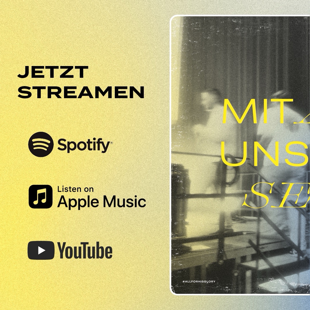 Streaming-Aufruf mit Logos von Spotify, Apple Music und YouTube auf gelb-schwarzem Hintergrund.
