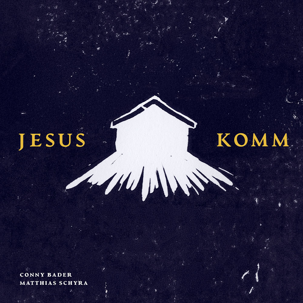Weisses stilisiertes Haus mit Strahlen auf dunkelblauem Hintergrund mit gelbem Text 'Jesus komm' und Künstlernamen unten links.