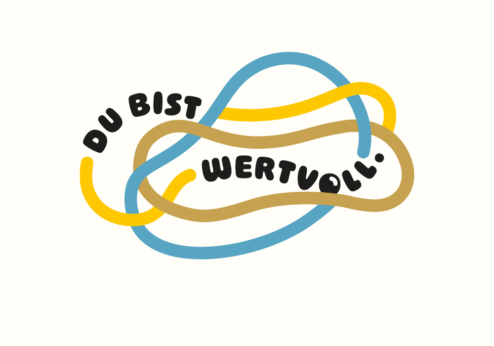 Bunte geschwungene Linien umgeben den Text ‚Du bist wertvoll‘ in schwarz auf hellem Hintergrund.