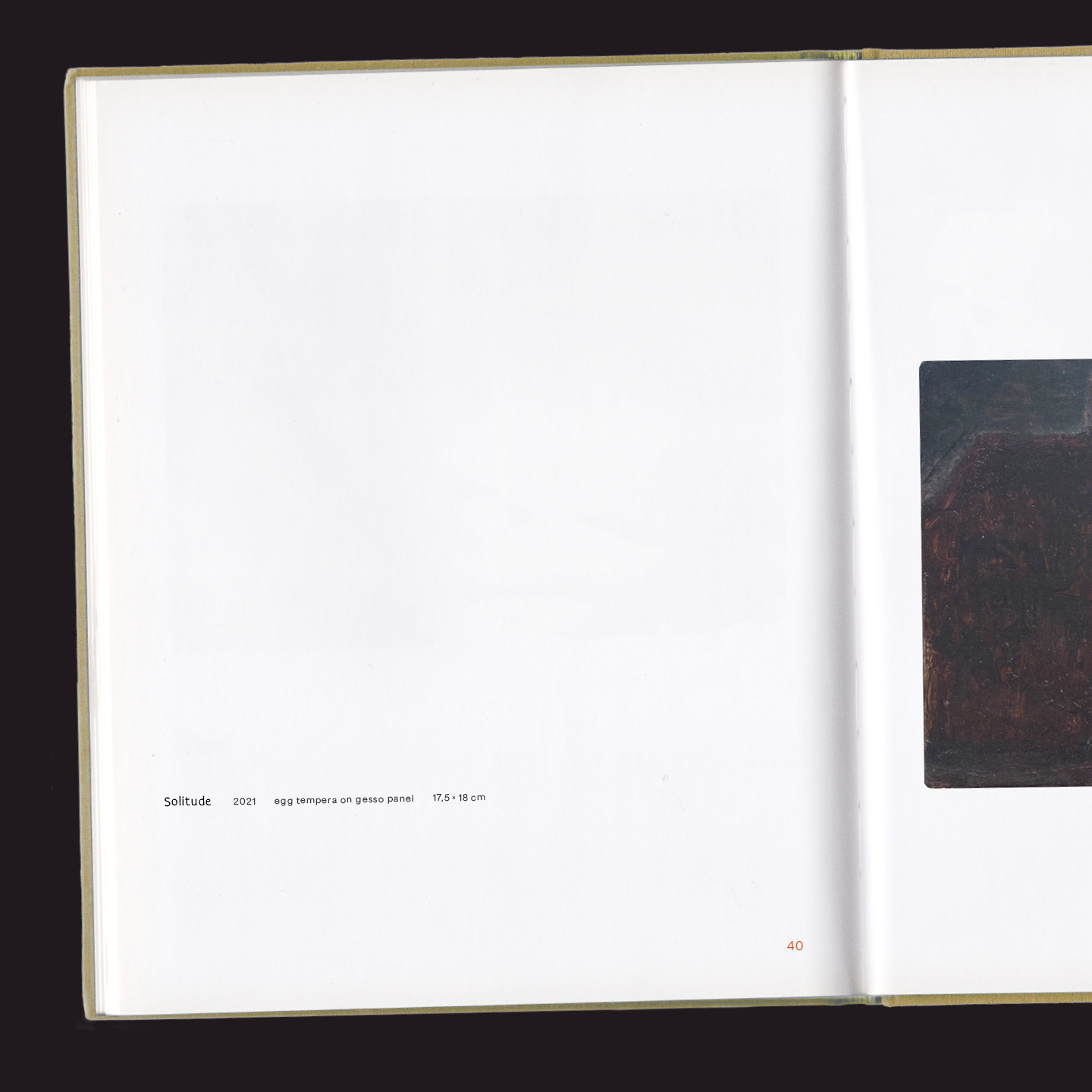 Offene Buchseite mit kleinem Text über ein Kunstwerk namens 'Solitude' von 2021, Eitempera auf Gipsplatte, 17,5 x 18 cm, Seite 40.
