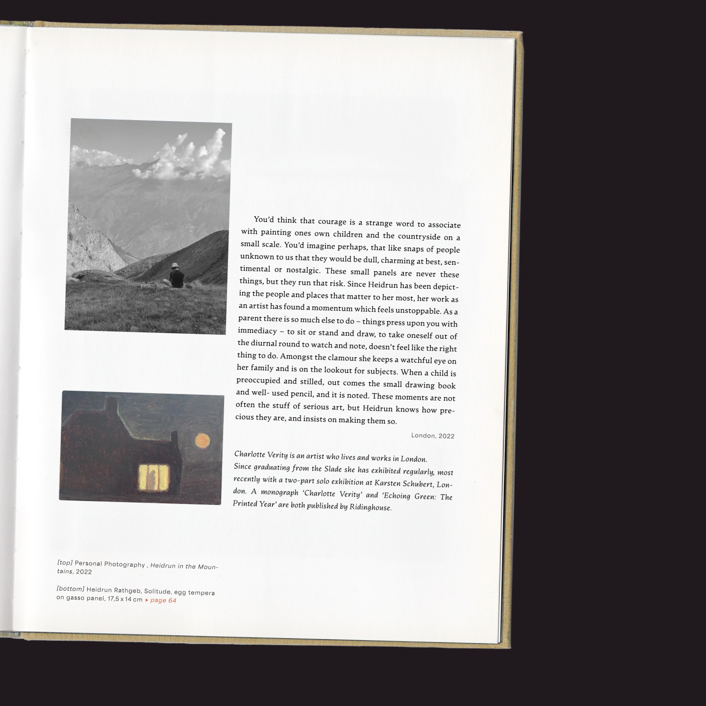 Buchseite mit zwei Bildern, einem Schwarz-Weiss-Foto einer Person in den Bergen oben links, und einem dunklen Gemälde eines Hauses bei Nacht unten links, daneben ein Textblock über Kunst und die Künstlerin Charlotte Verity.