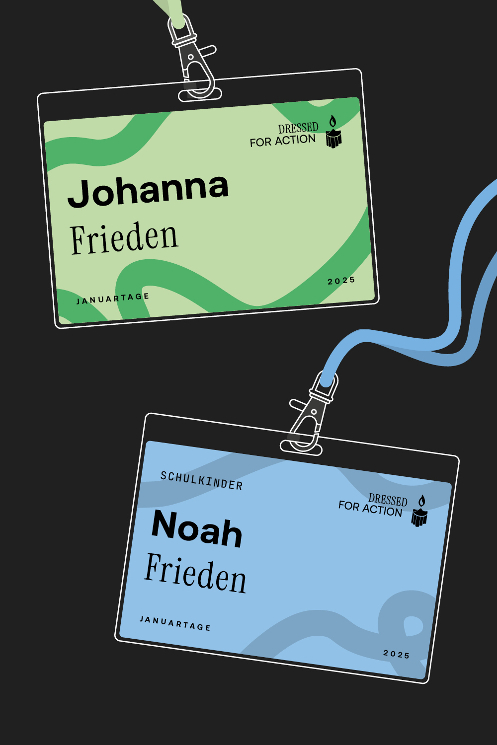 Zwei Namensschilder mit gebundenen Bändern vor dunklem Hintergrund, eines grün mit 'Johanna Frieden' und eines blau mit 'Noah Frieden', beide mit dem Text 'Dressed for Action', 'Januartage' und '2025'.