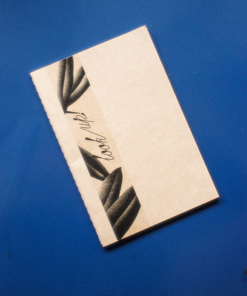 Ein beige gefaltetes Heft mit dem Titel 'Look Up' und schwarzem Blattmotiv auf einem blauen Hintergrund.