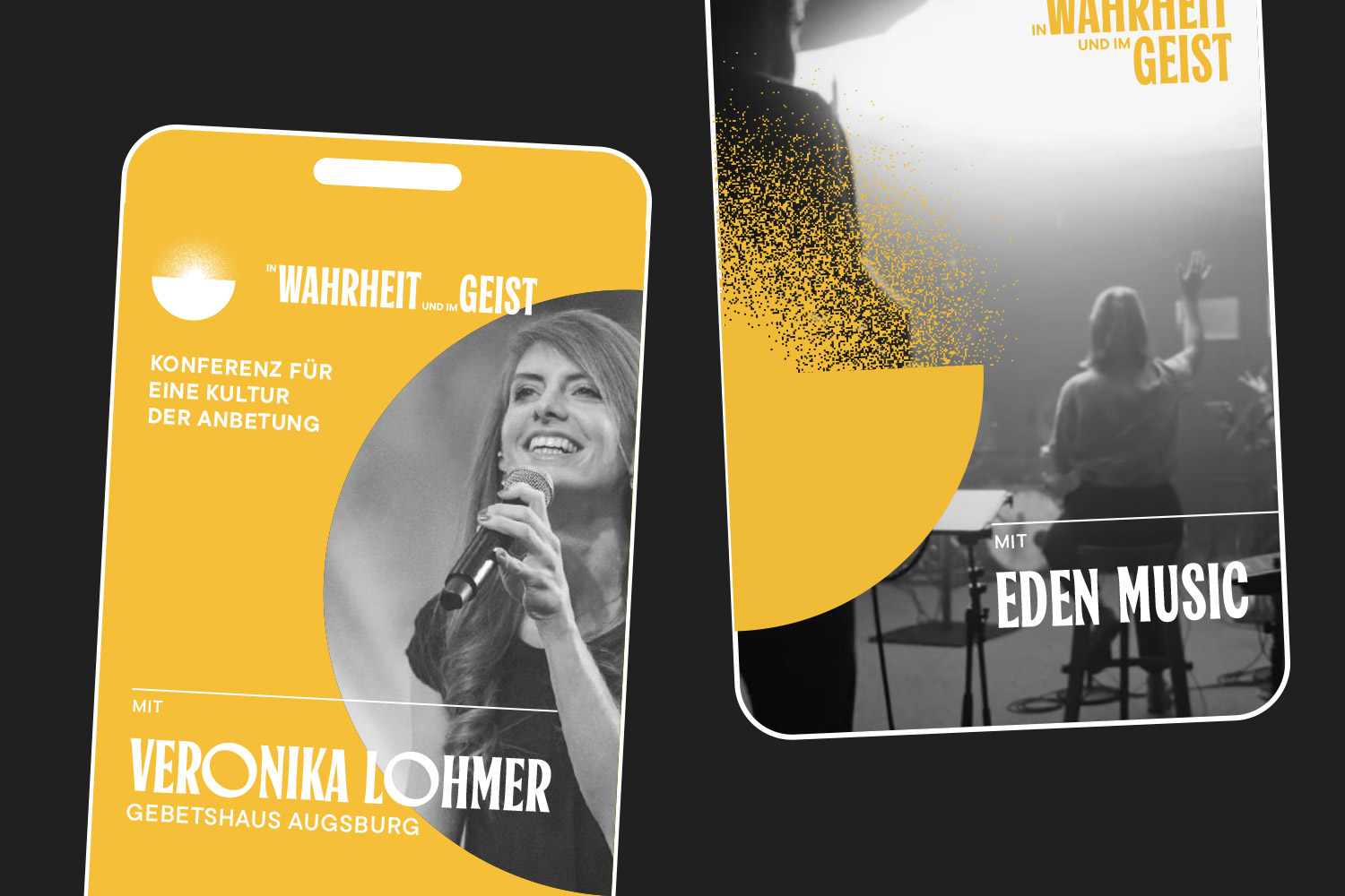 Flyer für eine Gottesdienstkonferenz mit Veronika Lohmer und EDEN Music, gelber Hintergrund und schwarz-weiße Fotos von Sprechern.