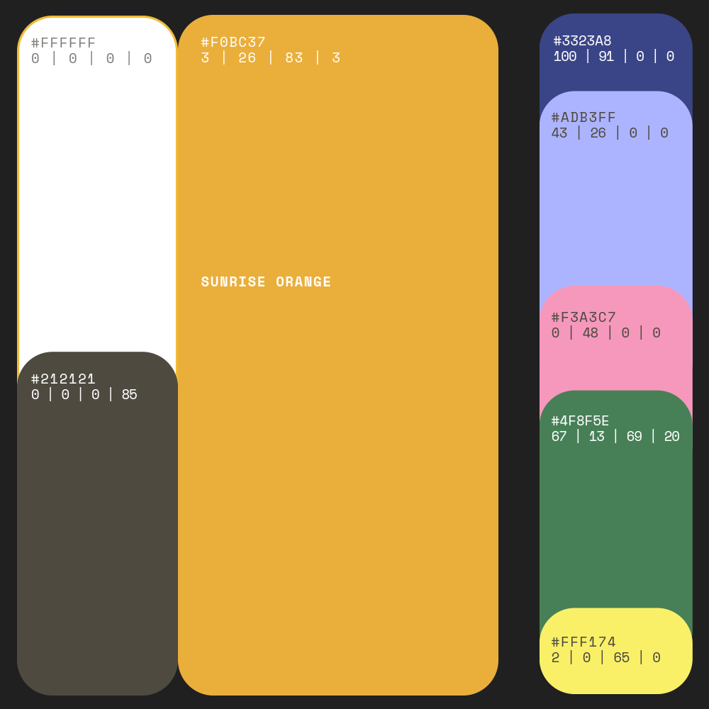 Farbschema mit einzelnen Farbfeldern: Weiß (#FFFFFF), Dunkelgrau (#212121), Sonnenaufgangsorange (#F0BC37), Dunkelblau (#3323A8), Hellblau (#ADB3FF), Rosa (#F3A3C7), Grün (#4F8F5E) und Hellgelb (#FFF174), jeweils mit Hex- und CMYK-Codes.
