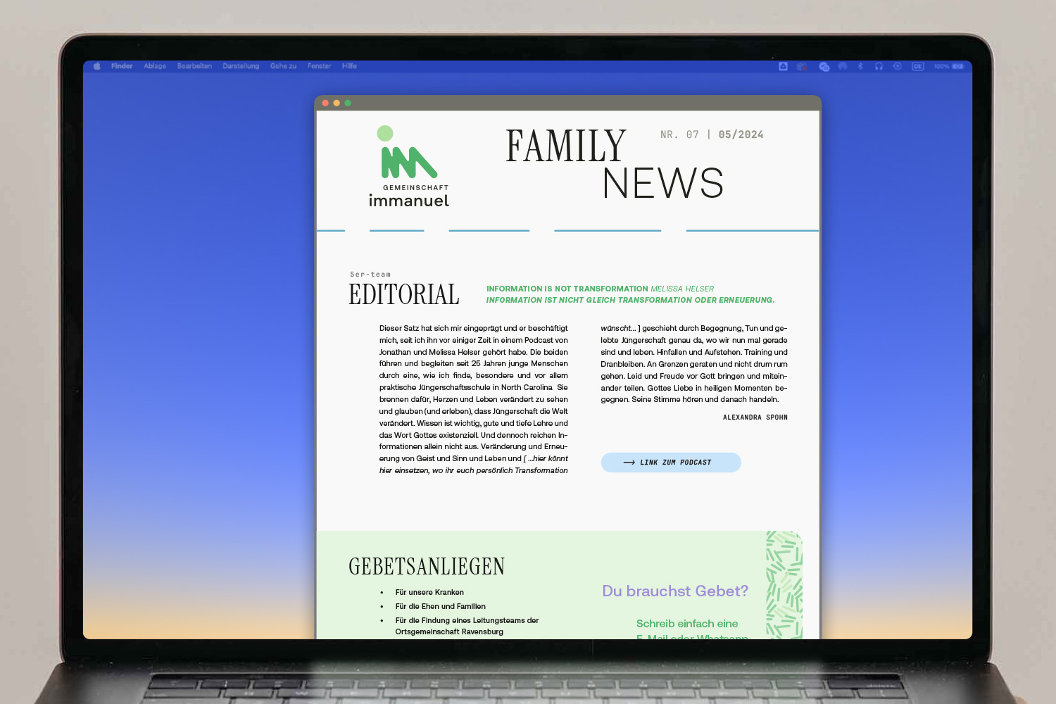 Digitaler Newsletter der Gemeinschaft Immanuel mit Ausgabe 07/2024, Thema Editorial zu persönlicher Transformation und Gebetsanliegen.