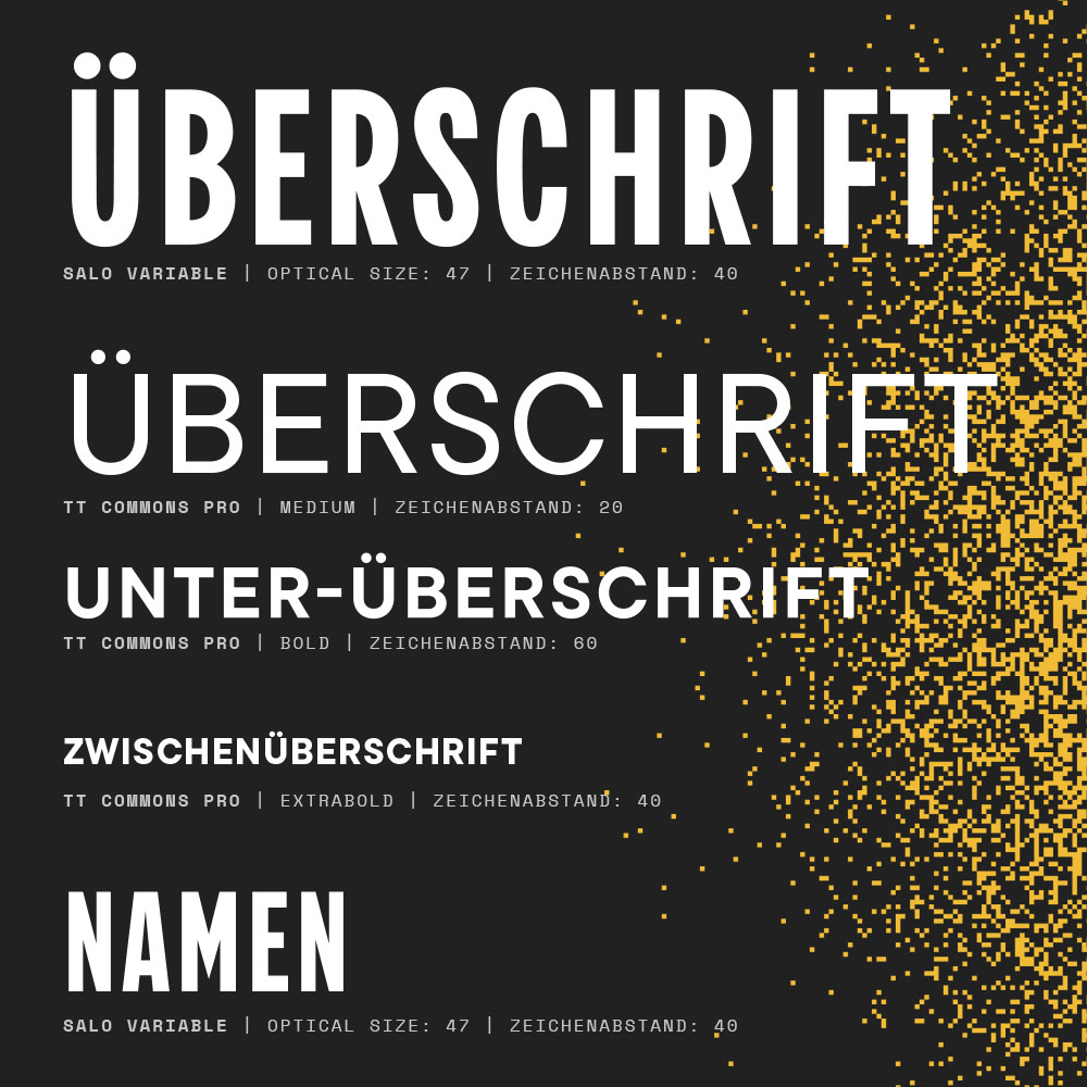 Verschiedene Schriftproben in deutschen Überschriftenstilen mit Angaben zu Schriftart, Schriftschnitt und Zeichenabstand auf schwarzem Hintergrund mit gelben Pixeln rechts.