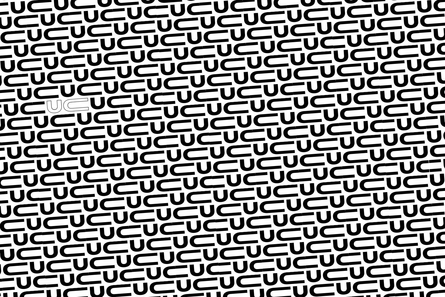Schwarze und eine weiße stilisierte Buchstabenfolge 'UC' in diagonalen Wiederholungen auf weißem Hintergrund.