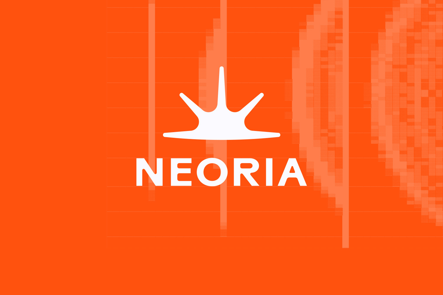 Weisses Neoria-Logo mit abstrakter Krone und Schriftzug vor orangefarbenem Hintergrund.